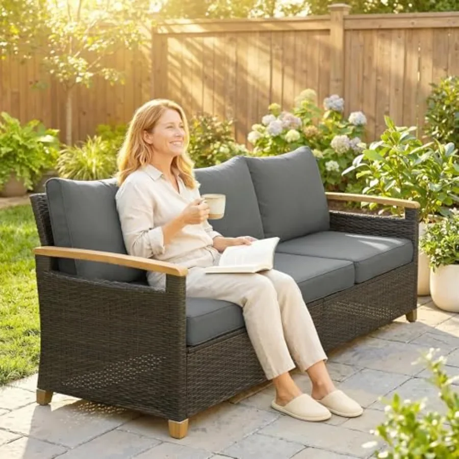 3 Seater Outdoor Couch Sofa PE Wicker 4 Foam Cushions Gray for Patio and Garden Use