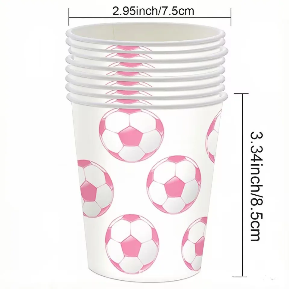 Neues Rosa Einweg-Fußball-Geschirr, Pappbecher, Teller, Servietten, Tischdecken, Geburtstagsfeiern, Feierlichkeiten, Partyzubehör – Detail 2