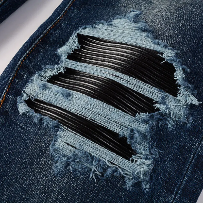 

Y2KNew Men's High Quality Jeans Anti Wrinkle Wash Nostalgic Perforation Black Leather Patch Deep Blue Jeans Hip Hop Brand Splici