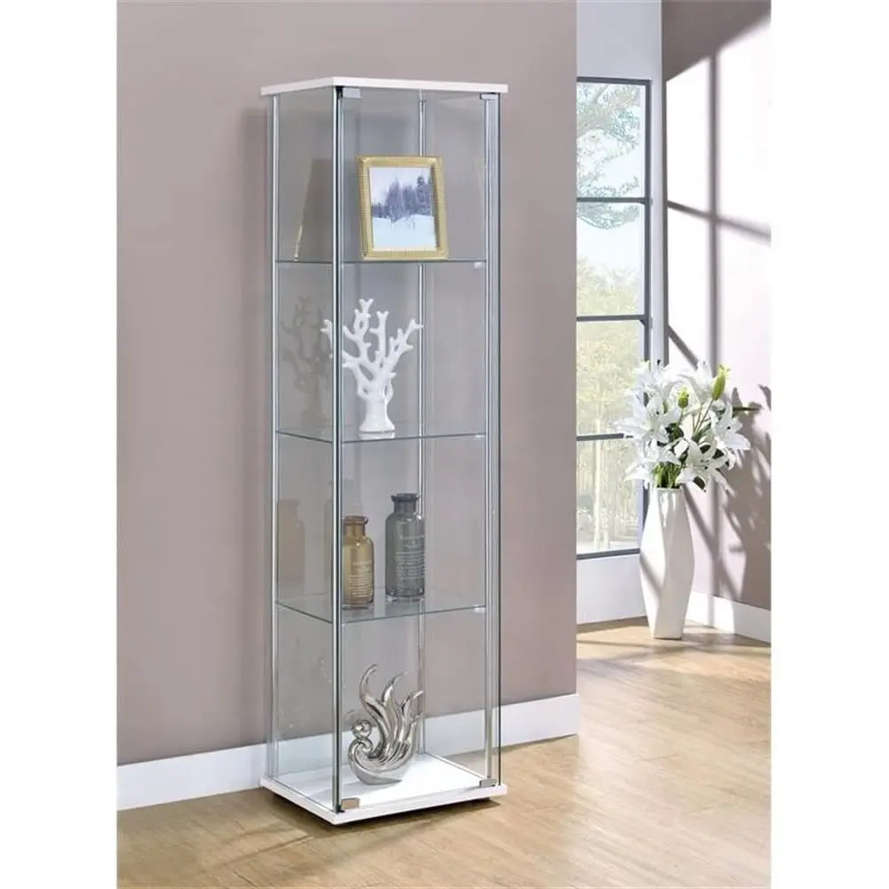 Contemporary Glass Display Cabinet with Chrome Beams, White Top/Bottom, Metal Construction, 63.75 Tall for Living Room or Office