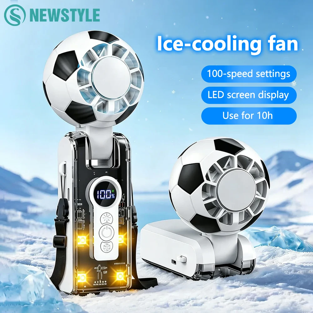 Handheld Portable Turbo Fan with Ice Cooling LED Display Football-inspired Transparent Mecha-style USB Rechargeable Mini Fan