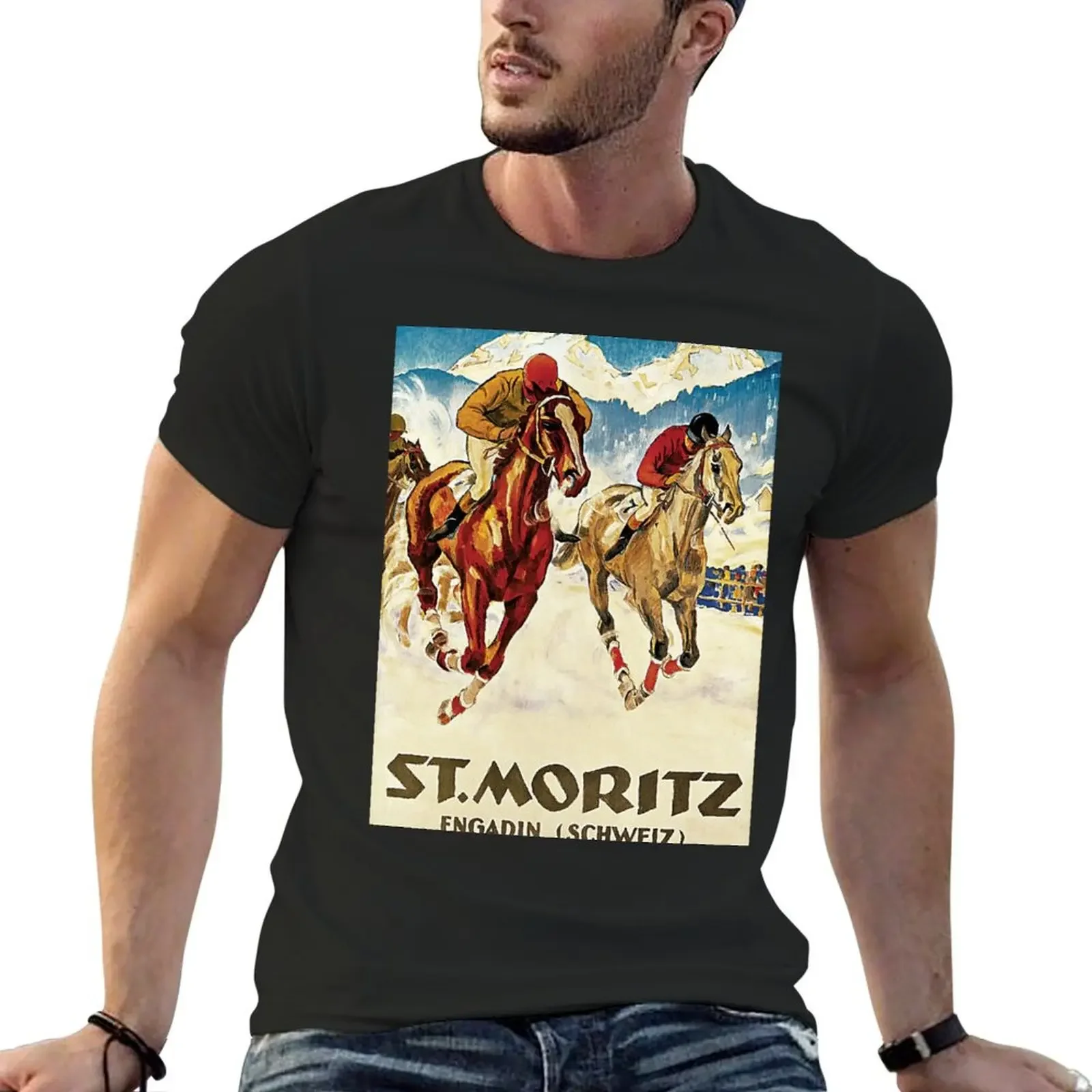 

Vintage horse racing in the snow sport ad T-Shirt anime t shirts tops man clothes summer clothes tee shirts for men