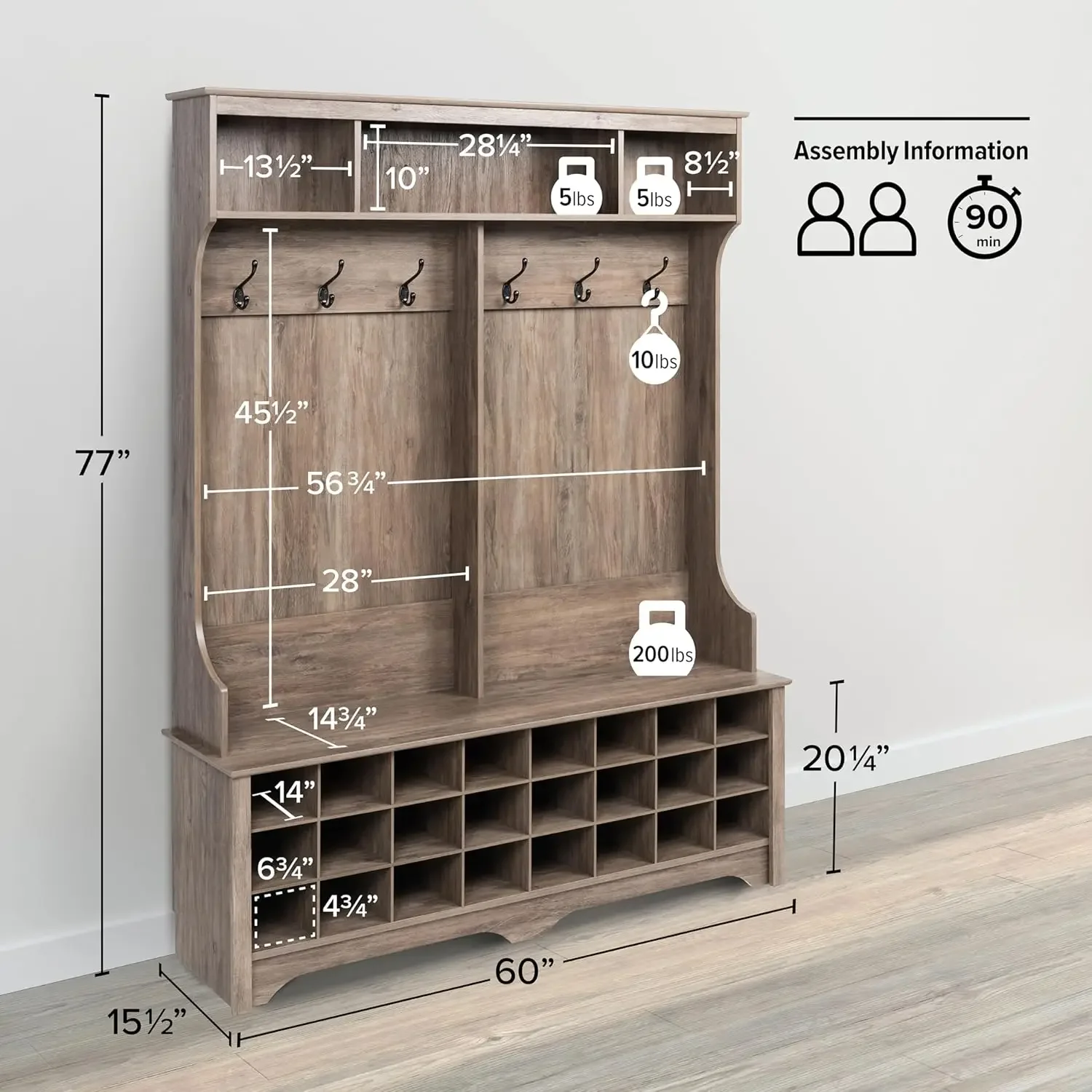 Gray Hall Tree, Shoe Cabinet, Storage Cabinet with 24 6 Double Coat Hooks 15.5