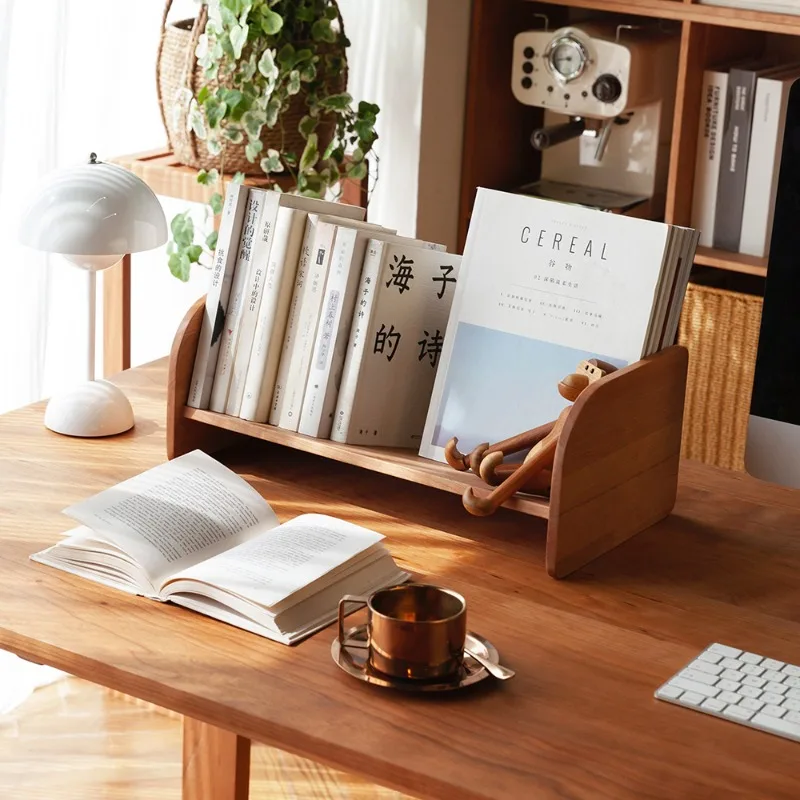 Nordic Solid Wood Desktop Organizer Walnut Book Rack Minimalist Office Storage Shelf Modern Study Table Display Stand
