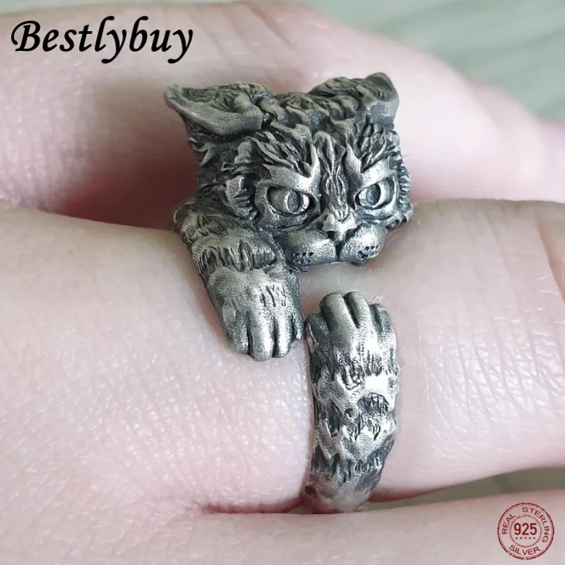 really 925 Sterling Silver Retro Thai Silver Russian 3D Cute Cat Ring For Women