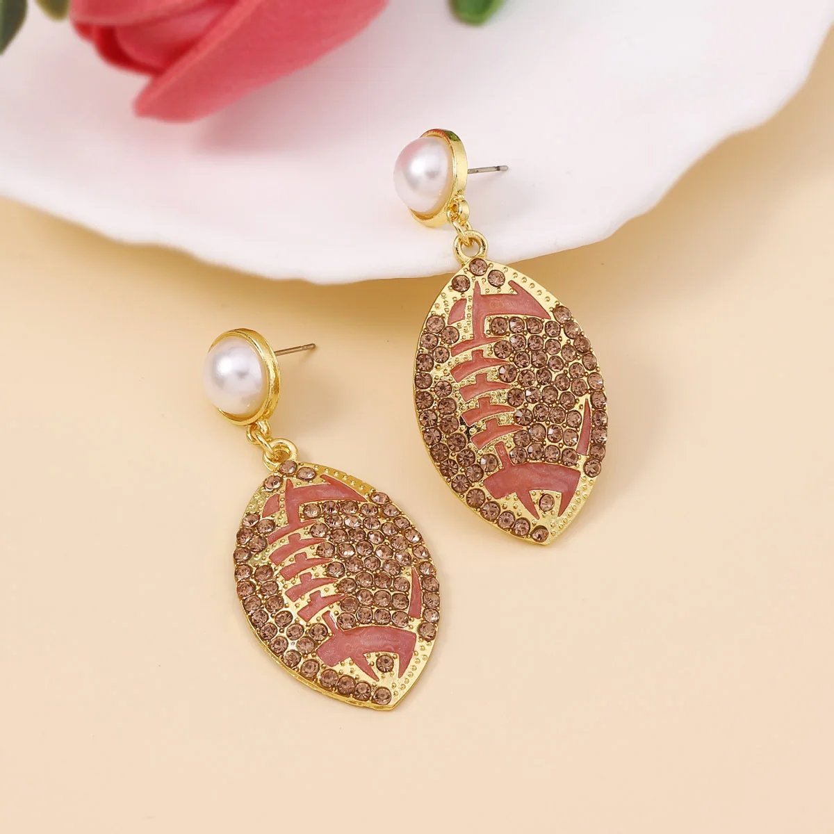 Bohemian style diamond-set rice beads football design women's earrings, niche fashion personalized earrings