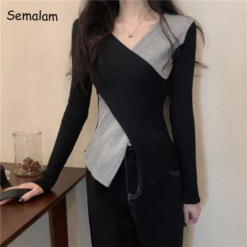 

Women Pullover Sweater 2022 Autumn Winter Patchwork Knitwear Black Gray Slim Skinny Sweaters Korean Fashion Casual Intercoat Top