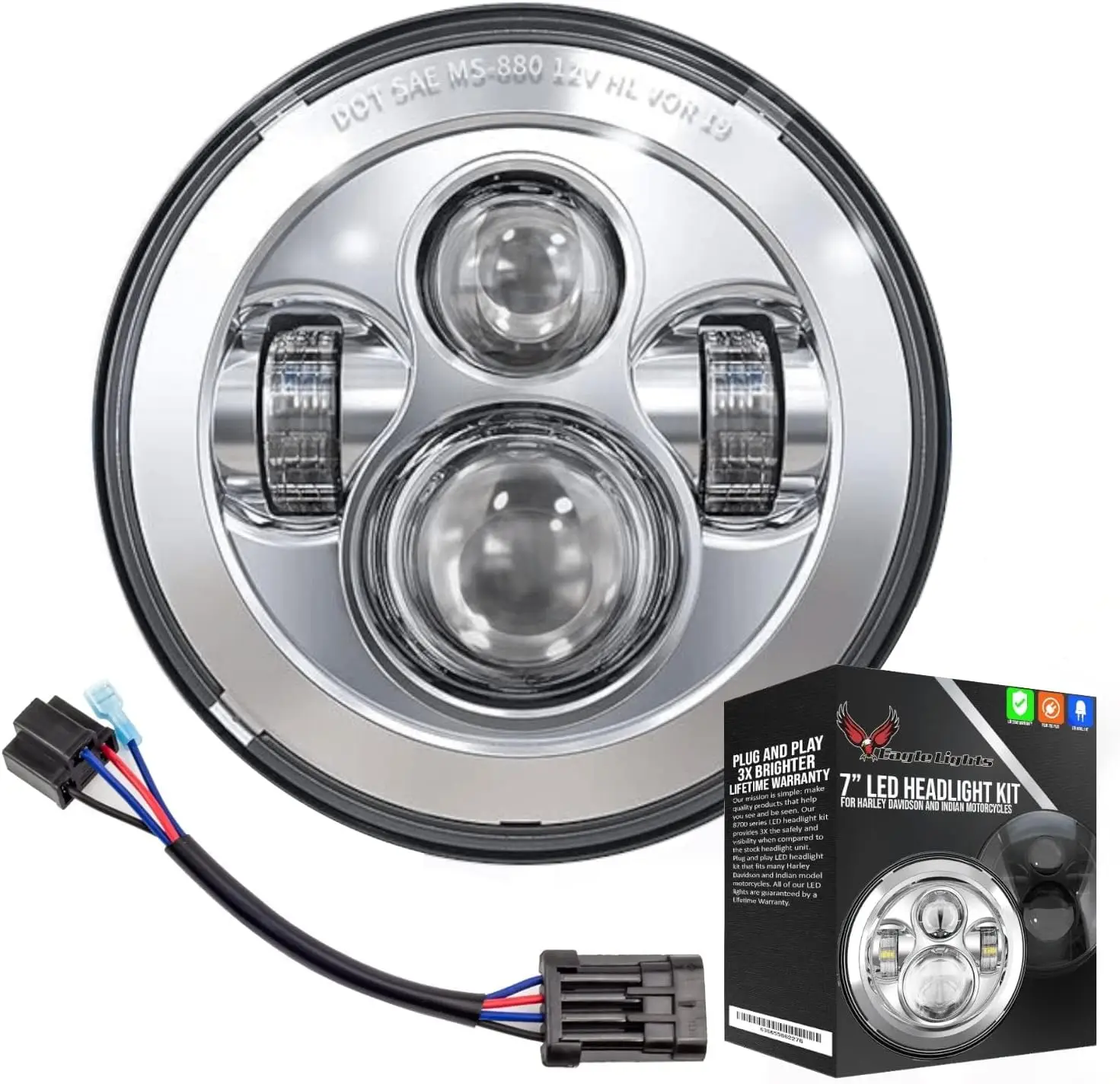 

8700CP-897 7-дюймовая светодиодная фара для мотоциклов Harley Davidson и Indian — комплект ввода-вывода поколения/хромированный/добавить жгут адаптеров с одной лампочкой