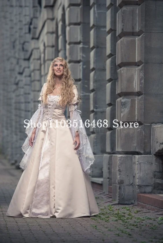 

Historical Medieval Prom Dress Queen Evening Fairy Long Sleeve Lace Applique Belle Elf Antique Evening Dress فساتين سهرة