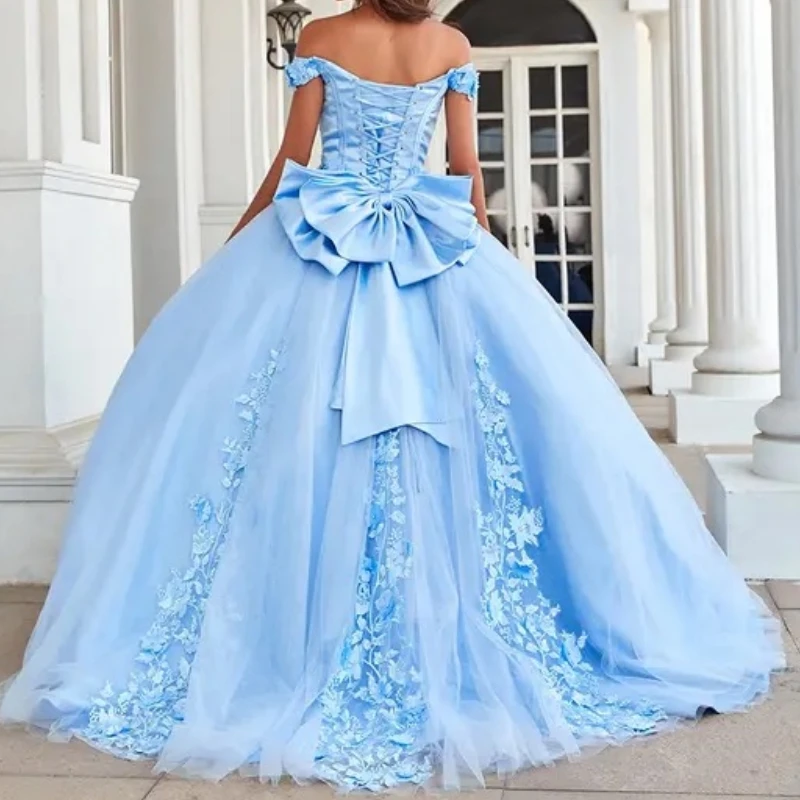 Customized Luxury Princess Girl Quinceanera Dresses Cap Sleeve 3D Flower Applique Bow Ball Gown Prom Party Dress Dancing Wear