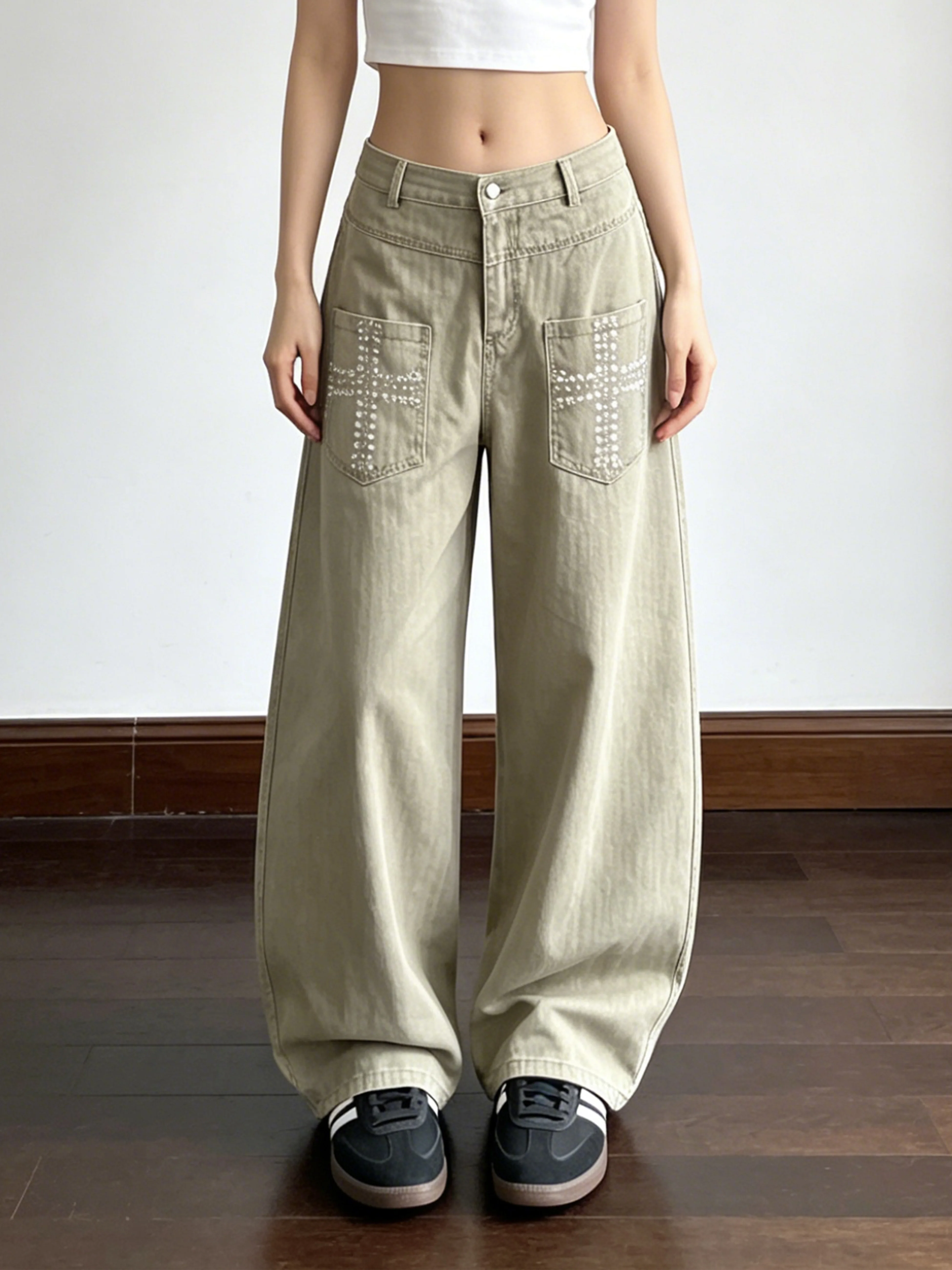 American Retro Rhinestone Cross Wide Leg Pants Women's Workwear Pockets Slimming Floor-Length Knife Long Trousers