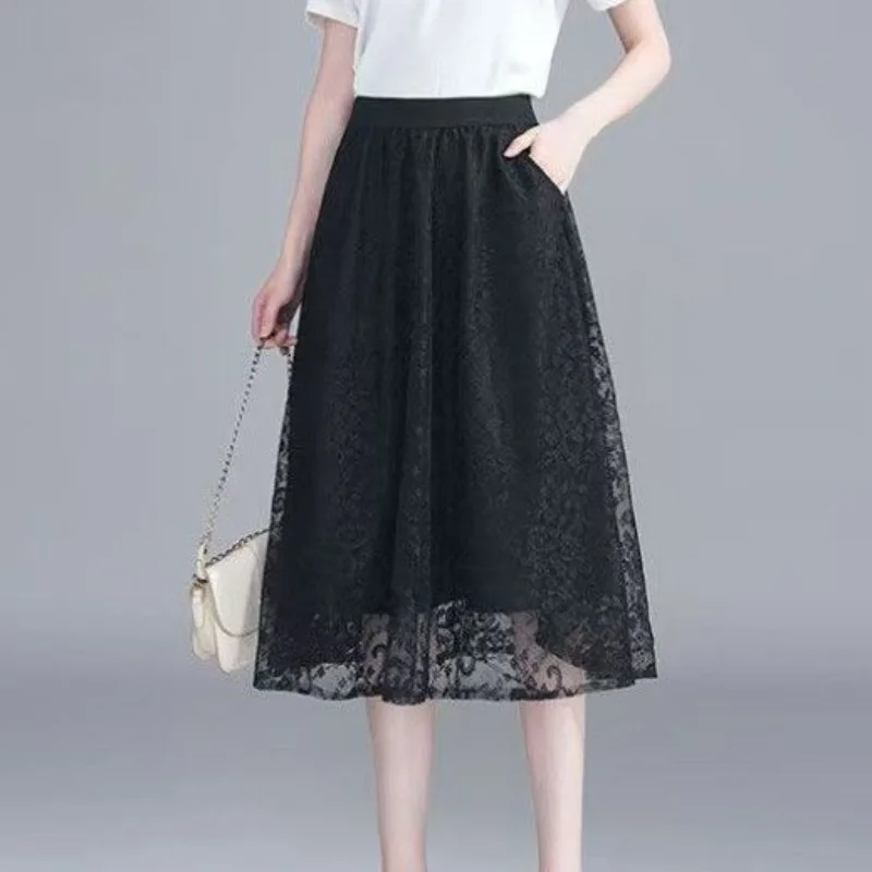 White Midi Skirts for Women High Waist Lace Woman Skirt Harajuku Clothing Trend 2025 V Korean Style Chic and Elegant Streetwear