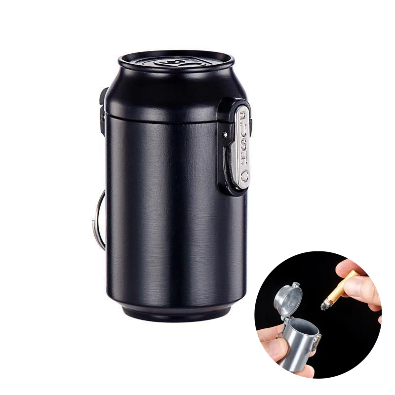 Drink Can Shape Car Ashtray with Lid Portable Metal Cigarette Ash Tray with Keychain for Outdoor Travel Smoker Gift