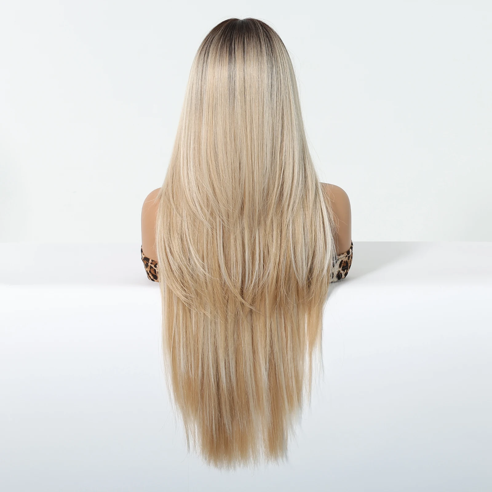 Blonde Brown Ombre Synthetic Wigs Long Straight Layered Wig With Bangs for White Women  Cosplay Natural Fake Hair Heat Resistant