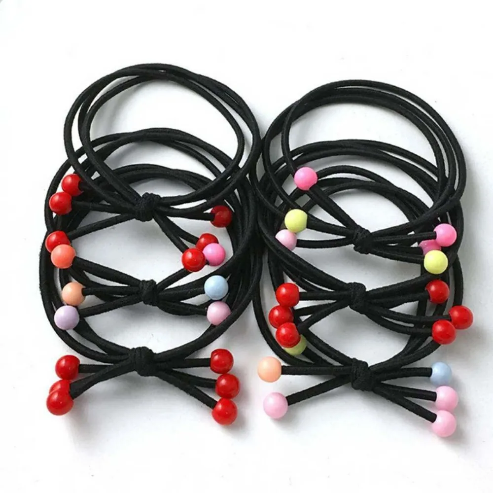 5pcs Cherry Red Bean Black Headband High Elastic 3 Layer Knotted Korean Hair Ring No Harm Cute Rubber Band