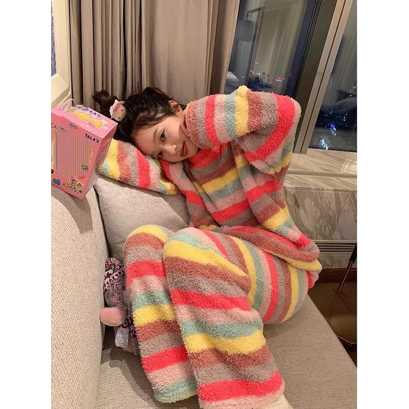 

Striped Colorful Sleepwear Women's Pajamas Night Wear Warm Home Suit Girl's Students Homewear Loungewear 2 Pieces Autumn Winter