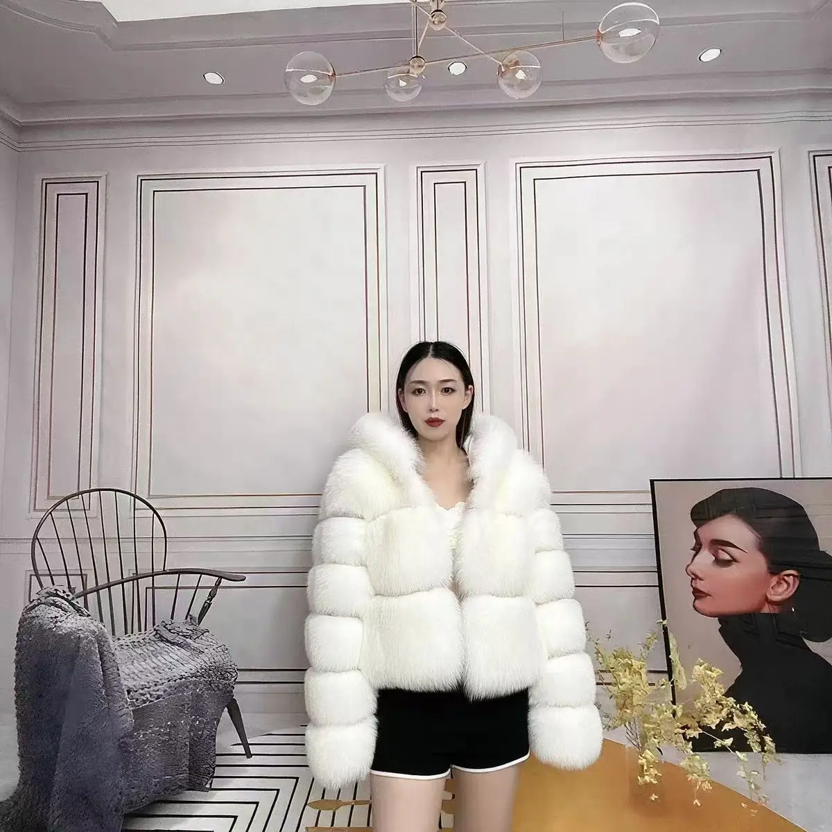 Cross fox coat, white fox coat, real fox women's fur coat, whole fox skin made women's fur coat, fur women's clothing