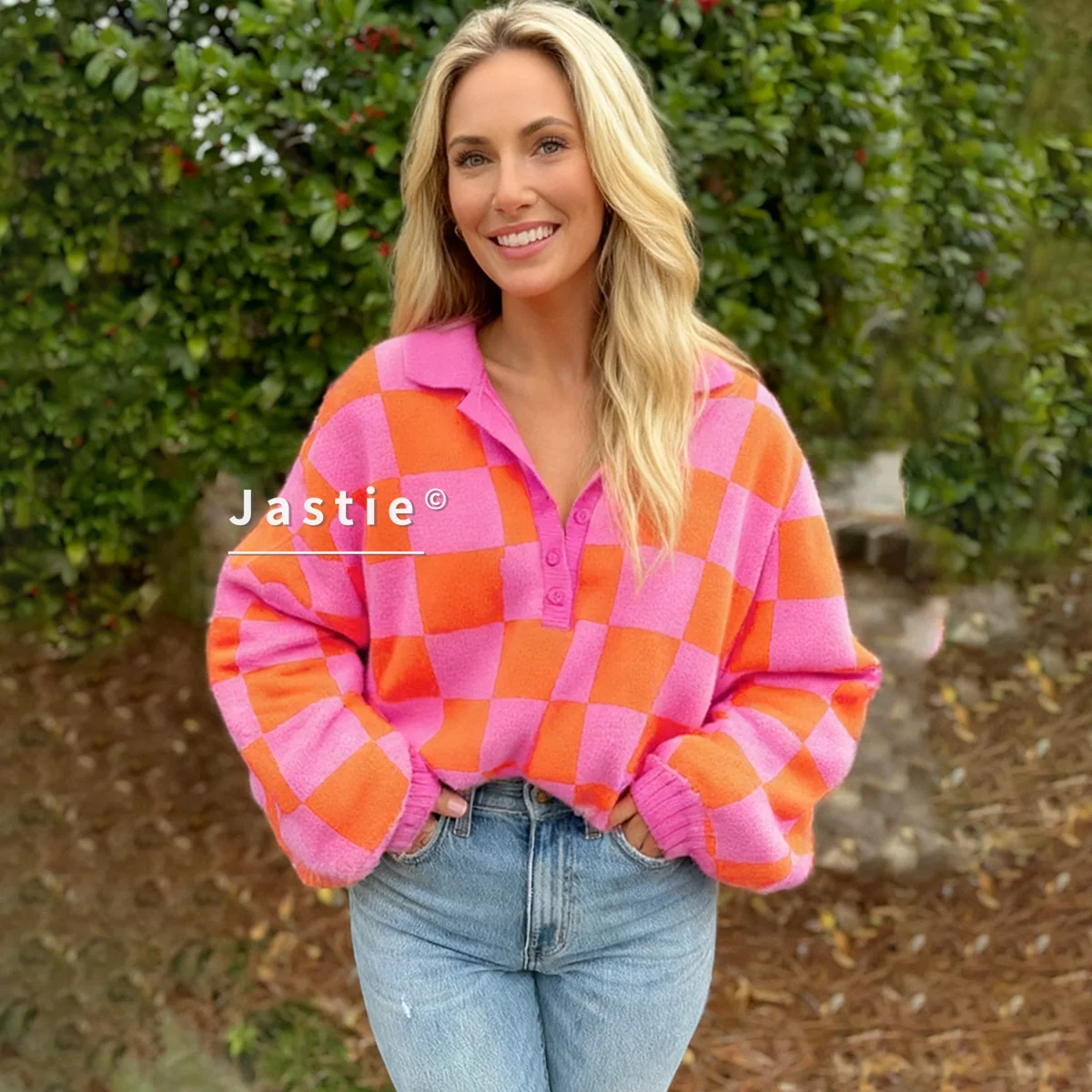 

Women's Checkerboard Polo Sweater Oversized Long-Sleeve Pullover With Bright Pink & Orange Plaid Casual Button-Front Knit Tops