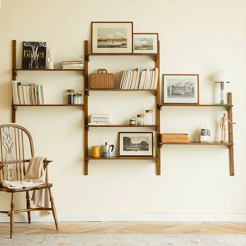 

American solid wood wall shelf, living room layered storage baffle wall wall hanging bookshelf