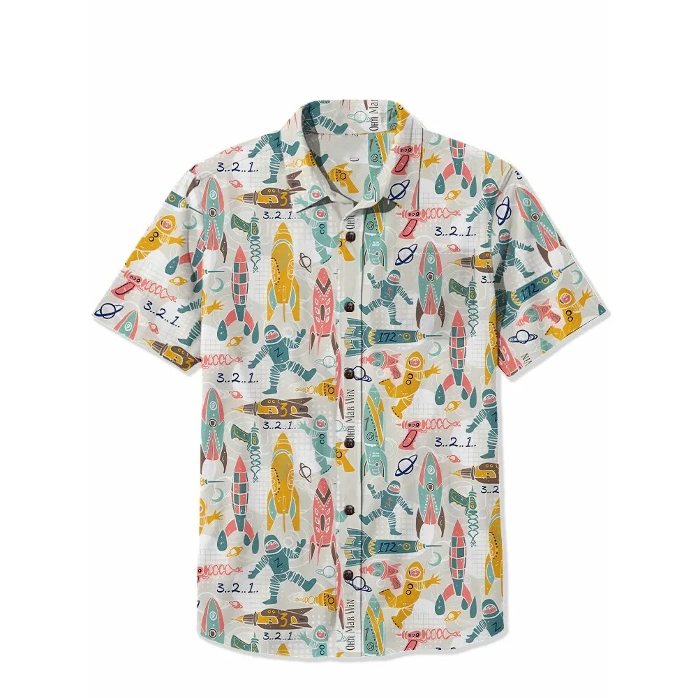 1950s Spaceship 100% Cotton Shirt Retro Racing Men\'s Hawaiian Shirt Summer Short Sleeve Button Down Casual Shirt Tropical Tops