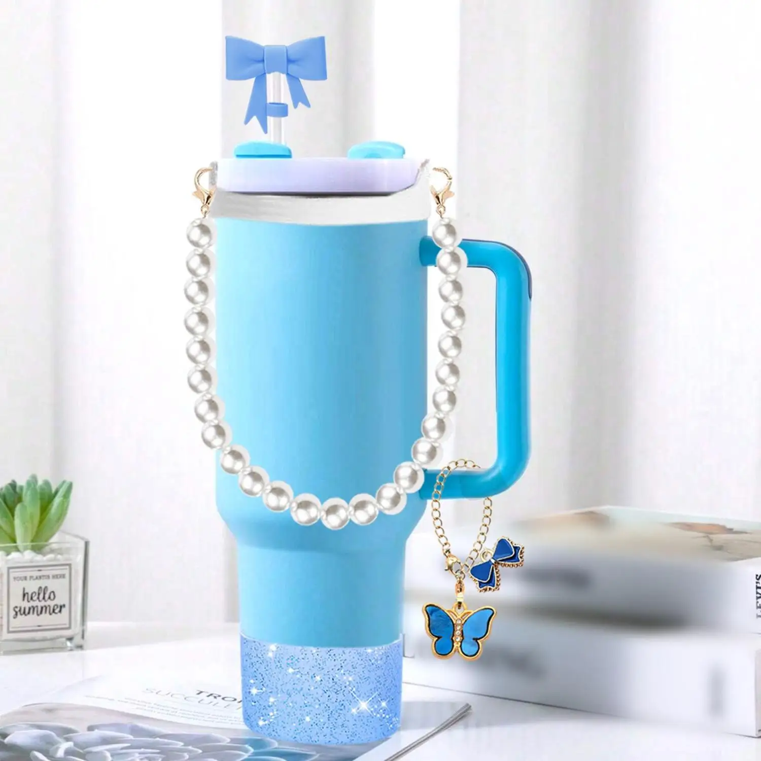 Decorative Pearl Hand Chain Butterfly Pendant Bow Straw Topper Brush Cup Sleeve for Stanley