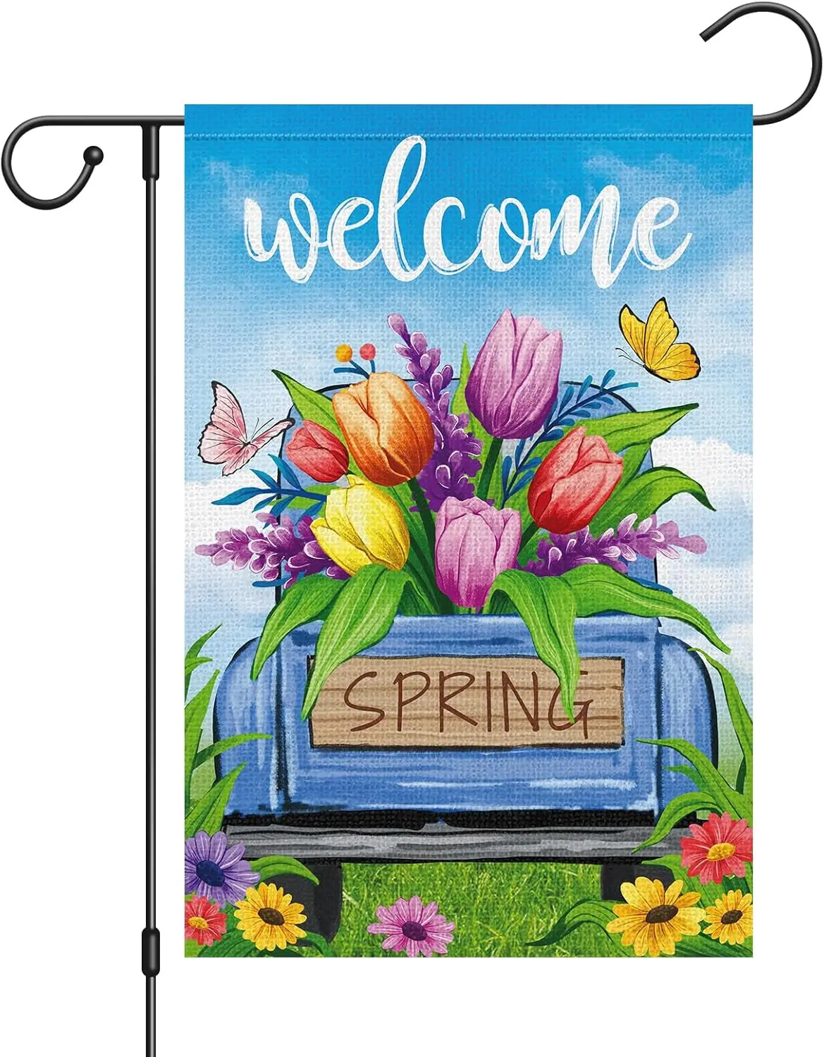 Welcome Spring Garden Flag 12x18 Inch Double Sided Vertical, Burlap Small Truck Flower Flag Farmhouse Yard Outside Seasonal  yyi
