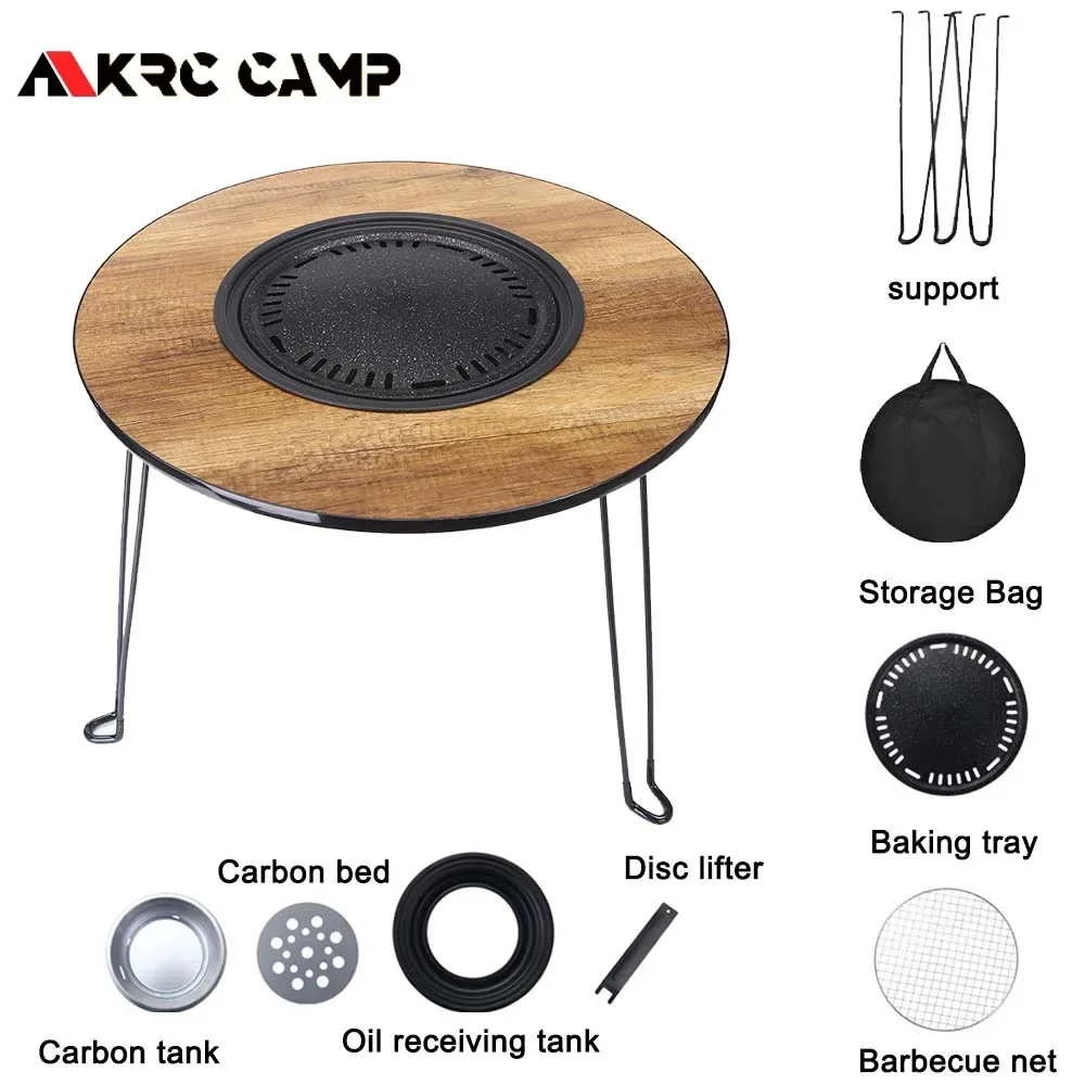 KRC CAMP Folding Barbecue Round Table Iron Stove Portable Camping BBQ Charcoal Grill With Storage Bag Patio Tea Boiling