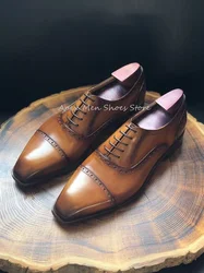 Genuine Leather Business Formal Pattern Men's Leather Shoes 2024 Autumn Casual Lace Up Office Shoes Sewing Retro Footwear