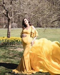 Maternity Dress for Photo Shoot Maternity Photography Props Sexy V Neck Cotton Maxi Gown Dress Ruffles Pregnant Women Clothes