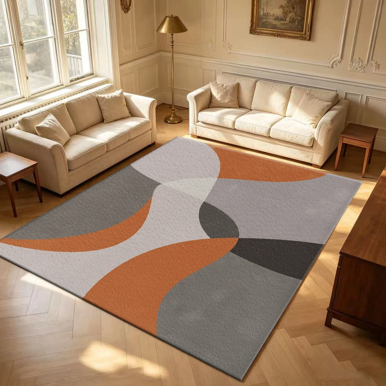 Medieval-Style Abstract Curved Carpet, in Orange-Gray Neutral Tones, Suitable for Living Room, Office, and Home Floor Decoration