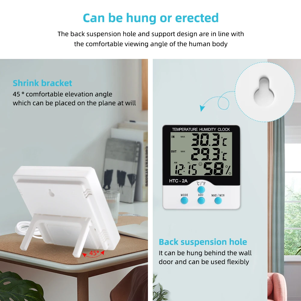 HTC-2A Digital Temperature Humidity Meter Alarm Clock Indoor Outdoor Thermometer Hygrometer Max Min Records for Greenhouse Room