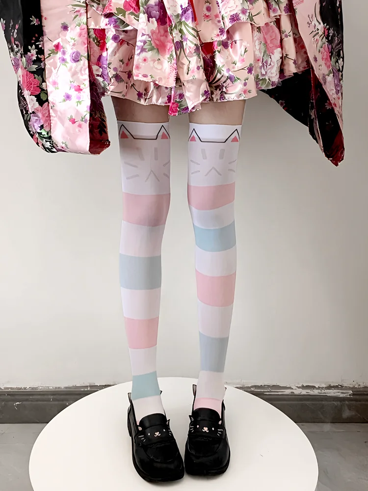 New fashion girl stockings 3d printing pink striped cat gradient stockings sweet and cute Lol JK matching stockings