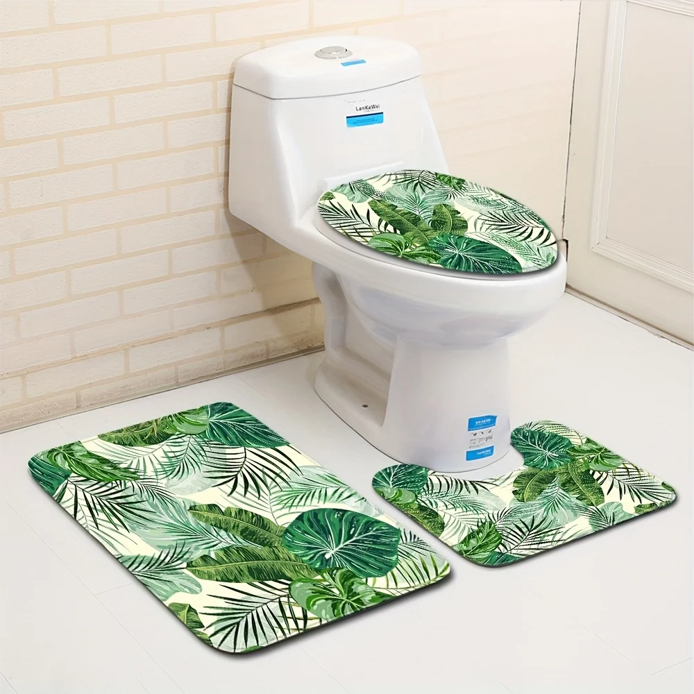 

Tropical Green Leaves 3PCS Bathroom Rug Set Palm Plant Toilet Mat Non Slip Floor Mats Water Absorbent Home Decor