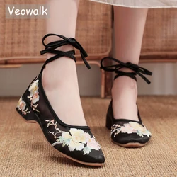 Veowalk Satin Fabric Embroidered Women Ankle Strap Ballet Flats Vegan Elegant Ladies Comfortable  Walking Shoes Black White Gray