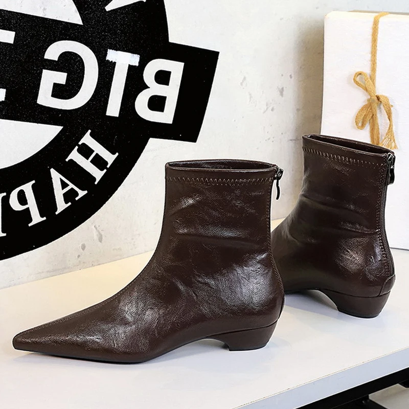 

BIGTREE Autumn Winter Fashion Designer Vintage Women Ankle Boots Pointed Toe Zipper Square Heel Shoes Zapatos De Mujer