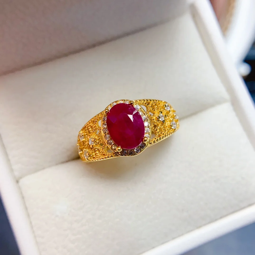S925 Silver Natural Heated Ruby Ring,6*8mm Oval Gem Zircon Hollow Adjustable Women Vintage Statement Ring