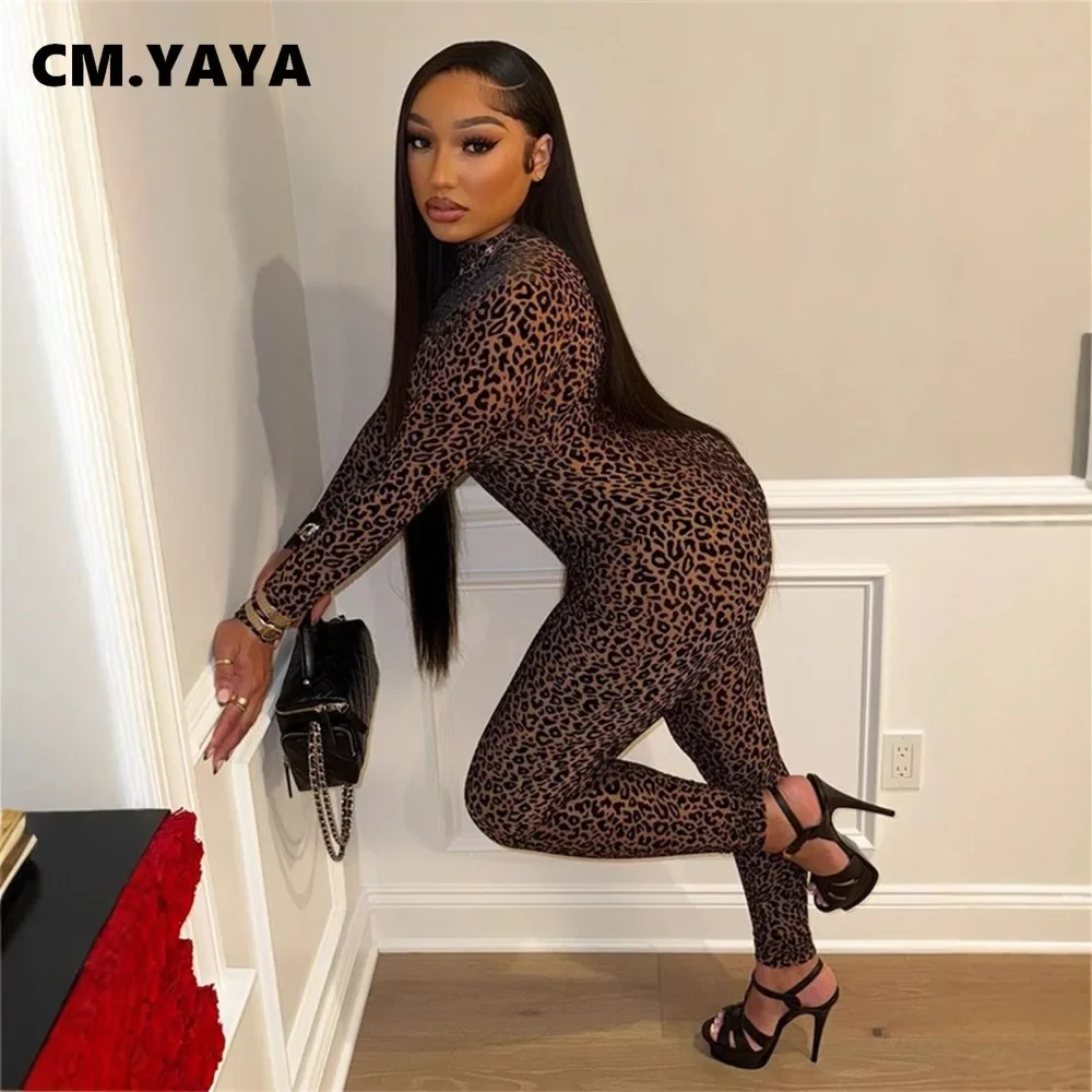 CM.YAYA Active Leopard Print O-neck Bodycon Jumpsuit Women 2025 Spring Sexy Night Club Party One Piece Overall Rompers Outfits