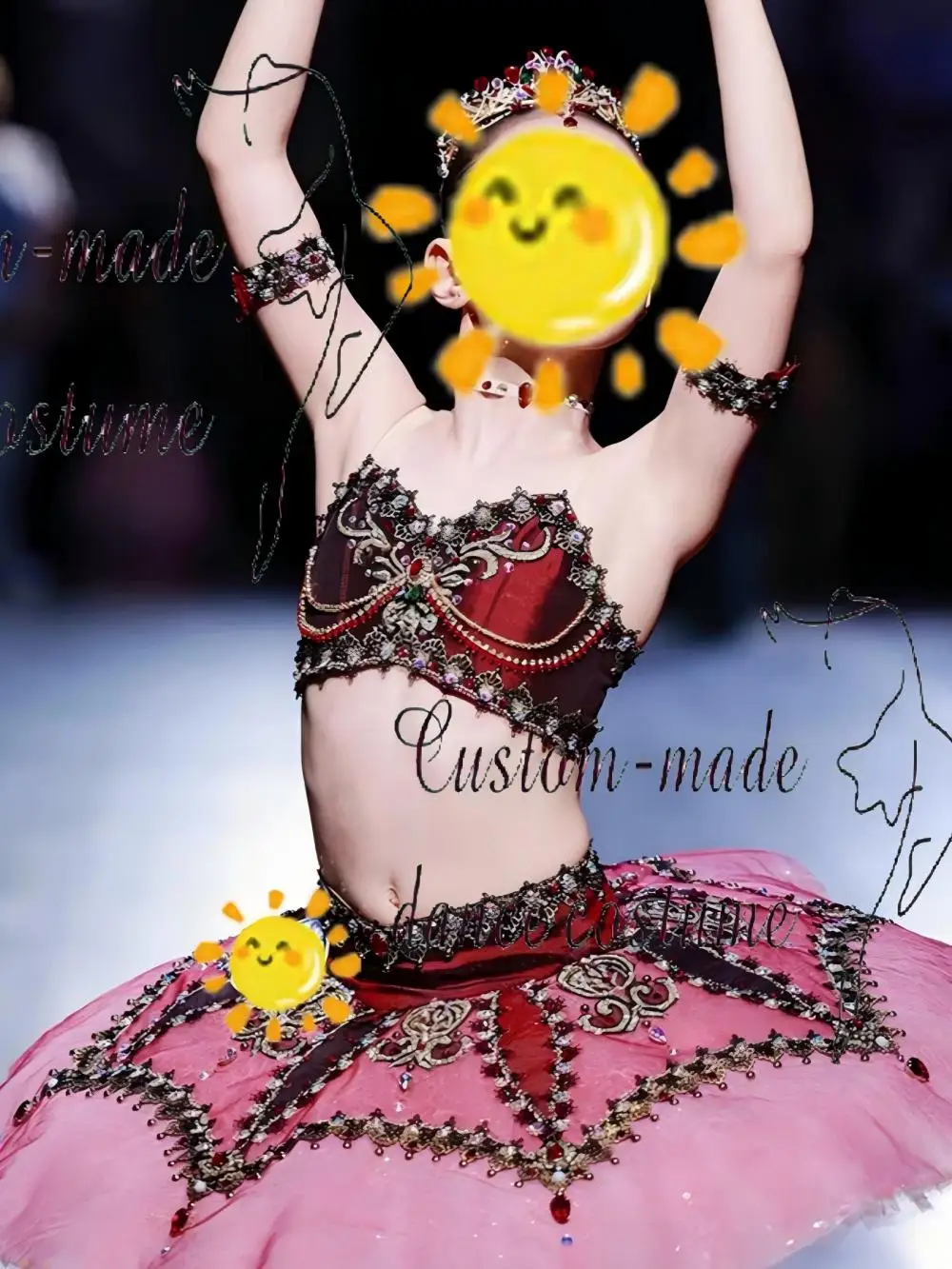 Handcrafted luxury exotic ballet tutu, burgundy crop top with hand-set silver and red crystals, bespoke sizing for elite baller
