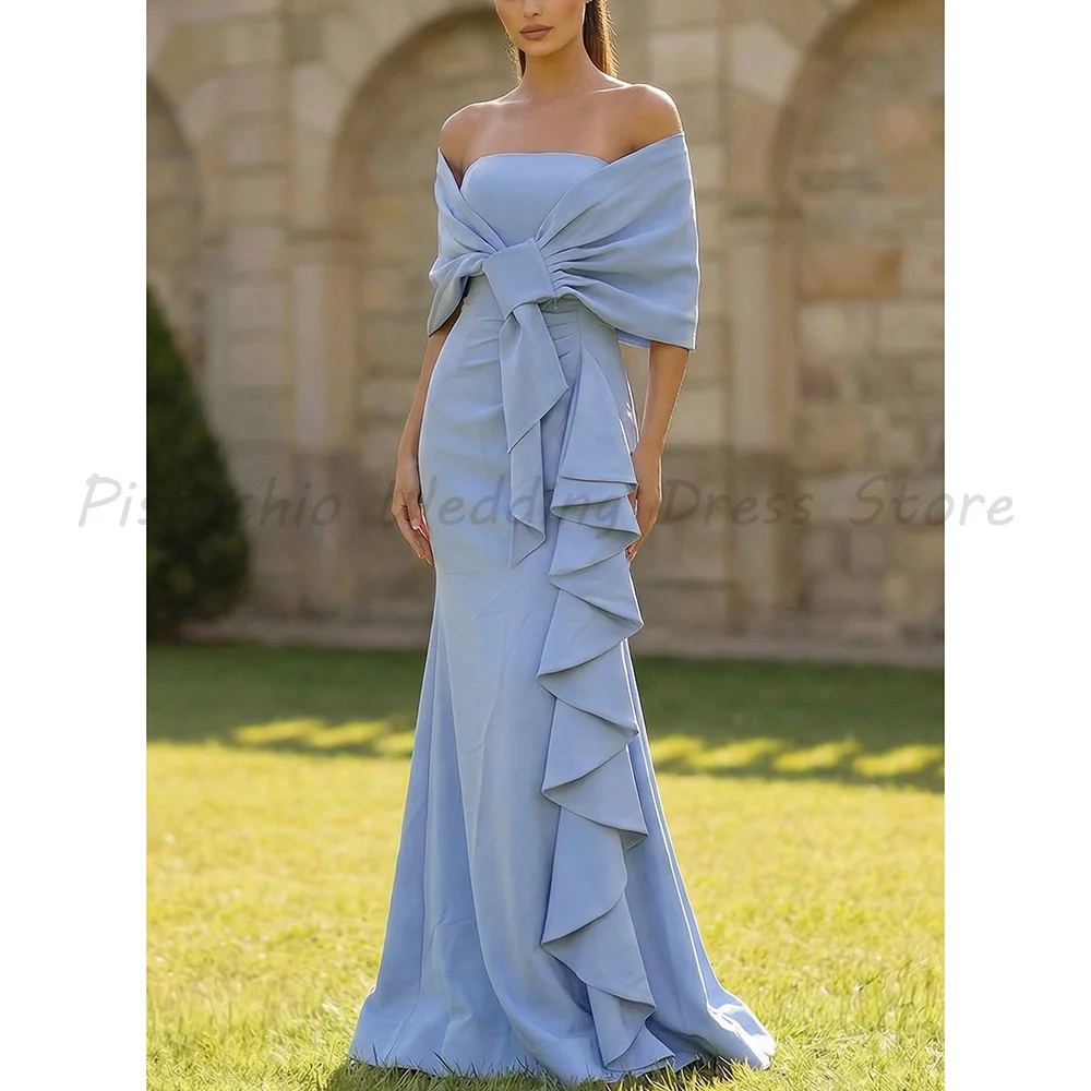 

Elegant Light Blue Mother of the Bride Dress Off-the-Shoulder with Bow Detail & Ruffle Skirt Mermaid Formal Wedding Guest Gown