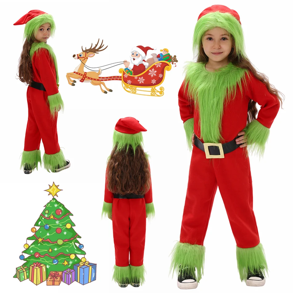 

Детский рождественский костюм, детский костюм Санта-Клауса, косплей, зеленый монстр, маскировочные комбинезоны, унисекс, Новый год, Хэллоуин, карнавальная одежда