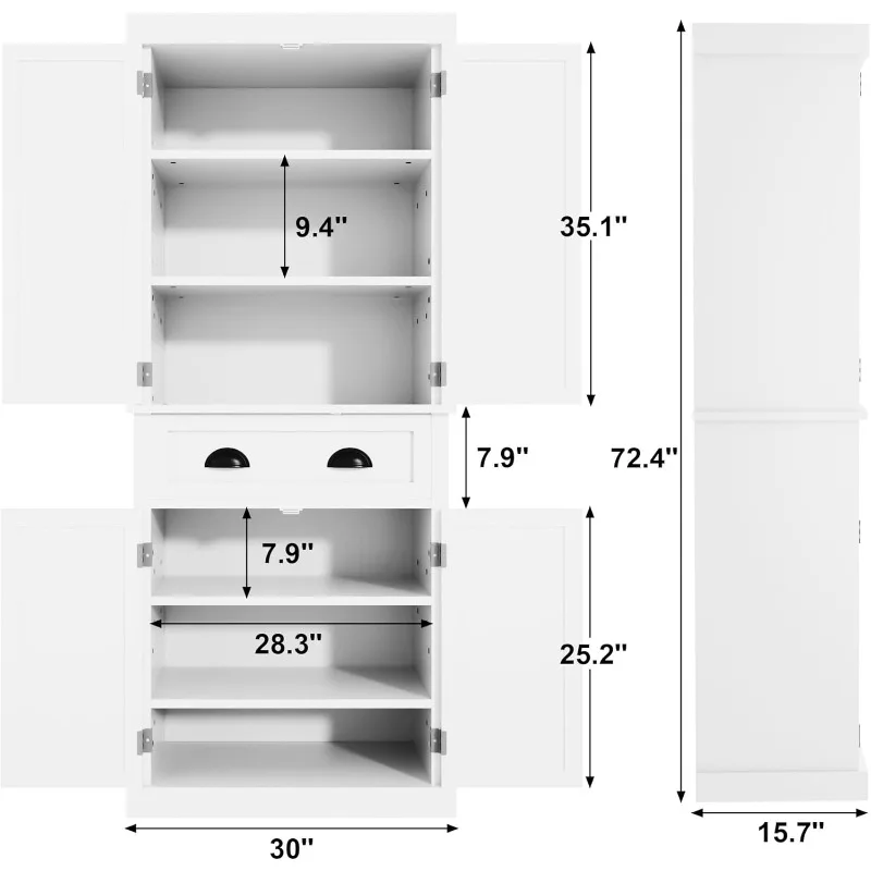 72 "Küchen schrank, hoher Vorrats schrank mit Schublade und 4 verstellbaren Regalen, freistehender Vorrats schrank