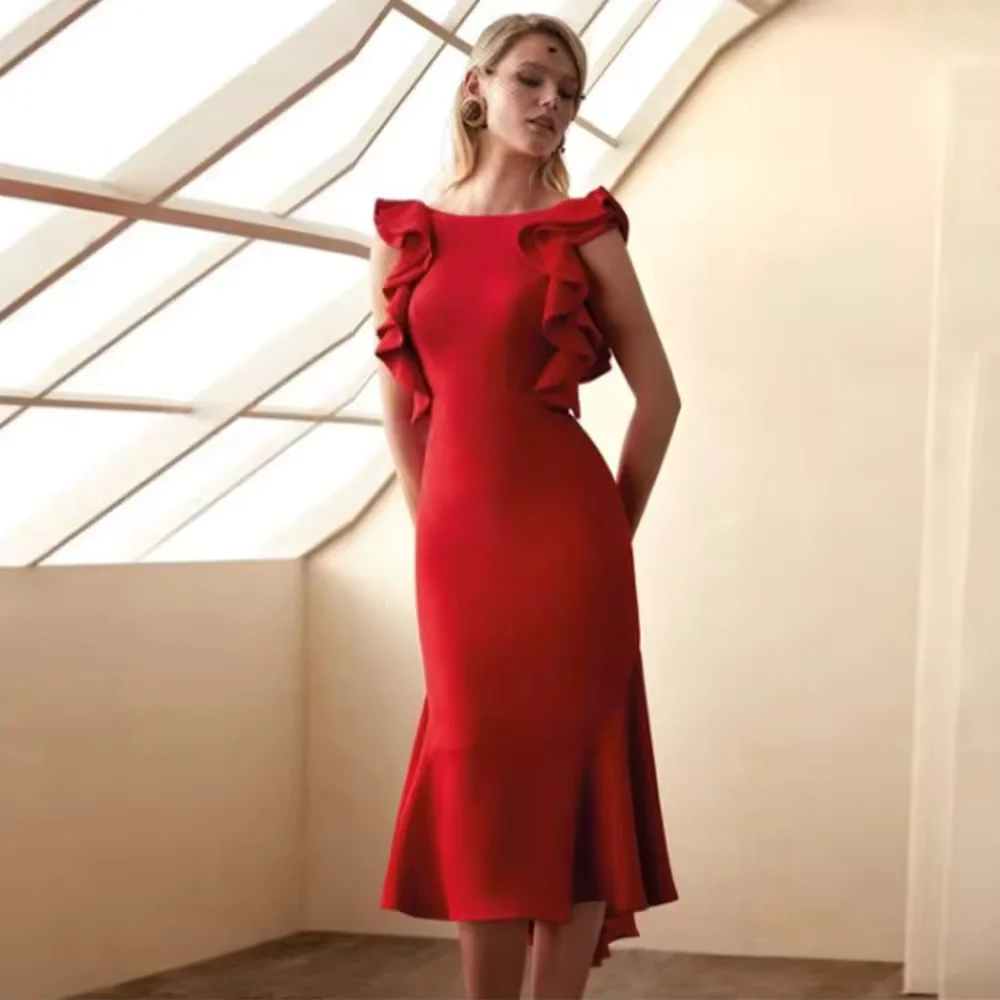 Customized Classy Mother of the Bride Dress Crepe Fabric Sheath/Column Prom Dress  O-Neck Ruffles Ruched Groom's Mother Dress