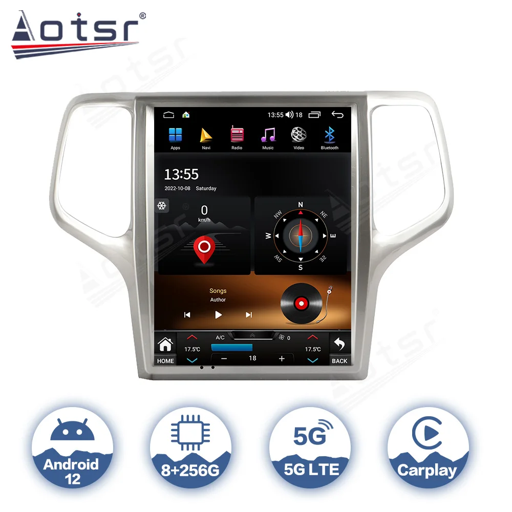 AOTSR Android 12 Car Radio For Jeep Grand Cherokee 2008 - 2013 Central Multimedia Player GPS Navigation DSP 4G CarPlay AutoRadio