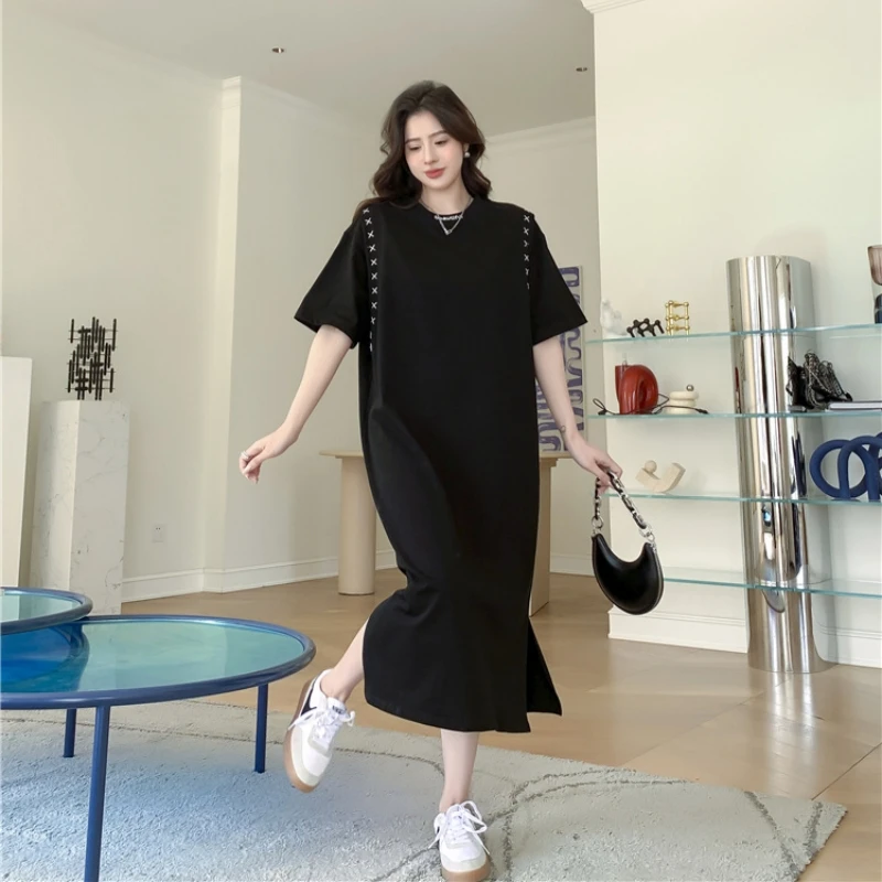 Luźna Elegancka Sukienka T-Shirt z Krótkim Rękawem i Haftem Damska Letnia Codzienna Rozcięcie Długa Spódnica Duży Rozmiar Koreański Okrągły Dekolt Wysoki Stan