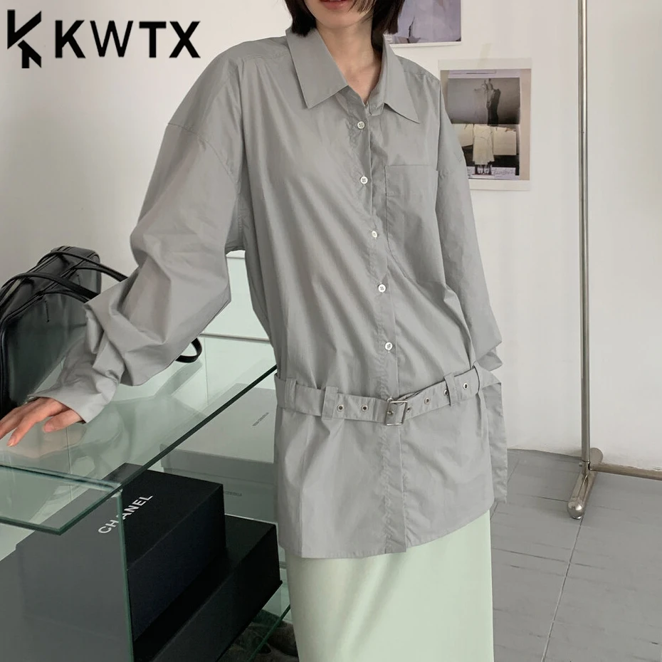 

KWTX Stylish Mid-Length Casual Shirt Blouse with Belt Streetwear Chic High Quality Women’s Top Spring Summer 2025 Edgy Design