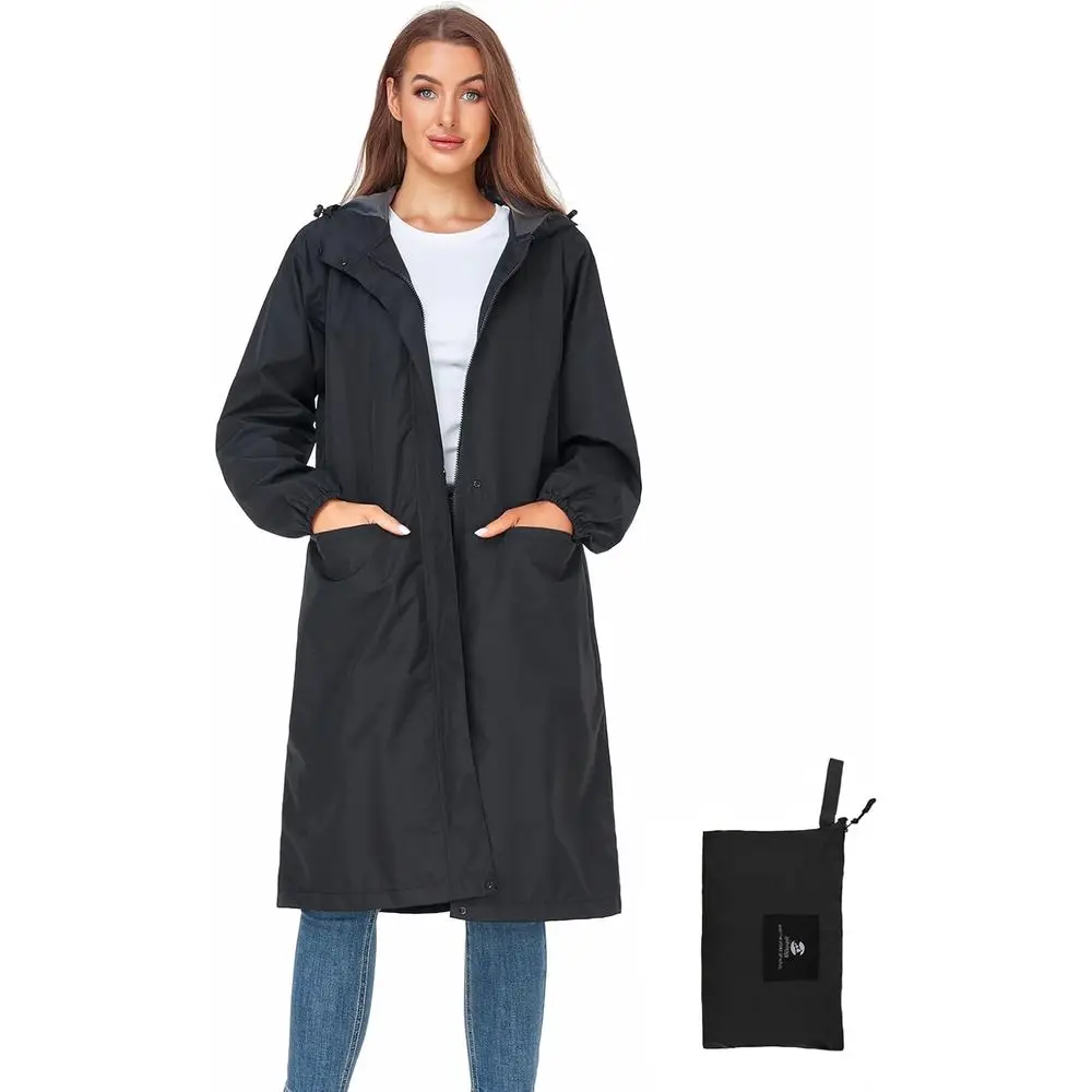 

Long Lightweight Packable Hooded Raincoat for Women, Knee-Length Waterproof Jacket