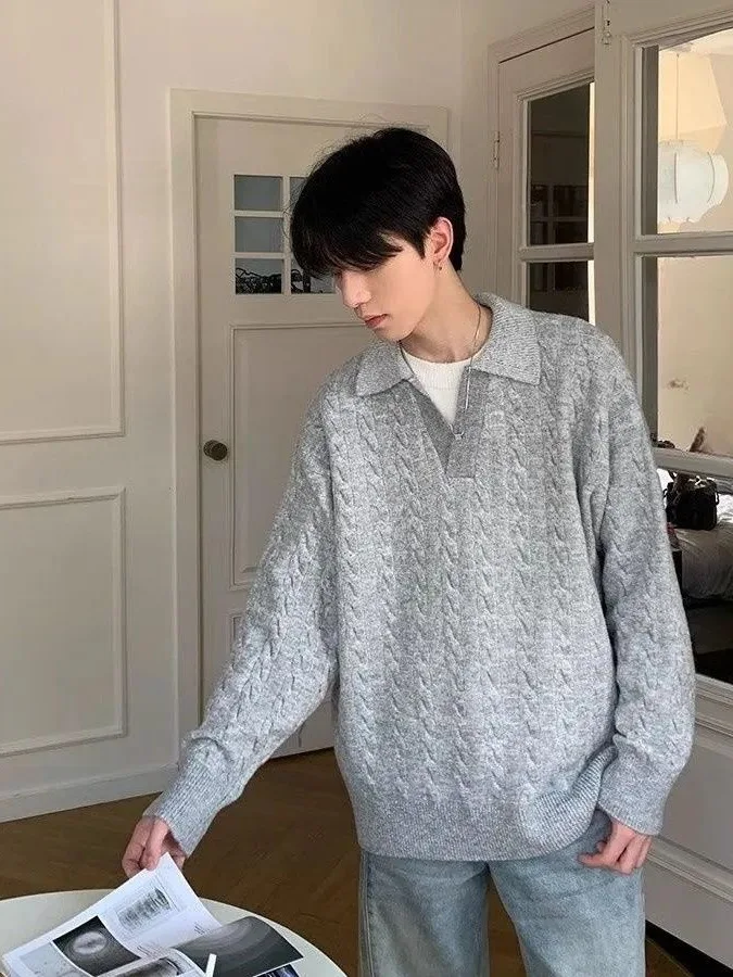 

Korean Sle Long Sve Knitted Sweater Casual Loose Fit Collared Outerwear Trendy Warm Men's Jaet Autumn Winter Faion