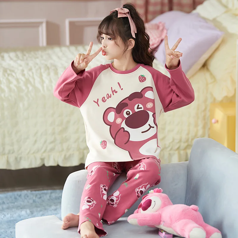 Sanrio-Pijama de algodón puro de Hello Kitty para niños, conjunto de ropa de estar por casa con dibujos animados de oso de fresa, novedad de otoño