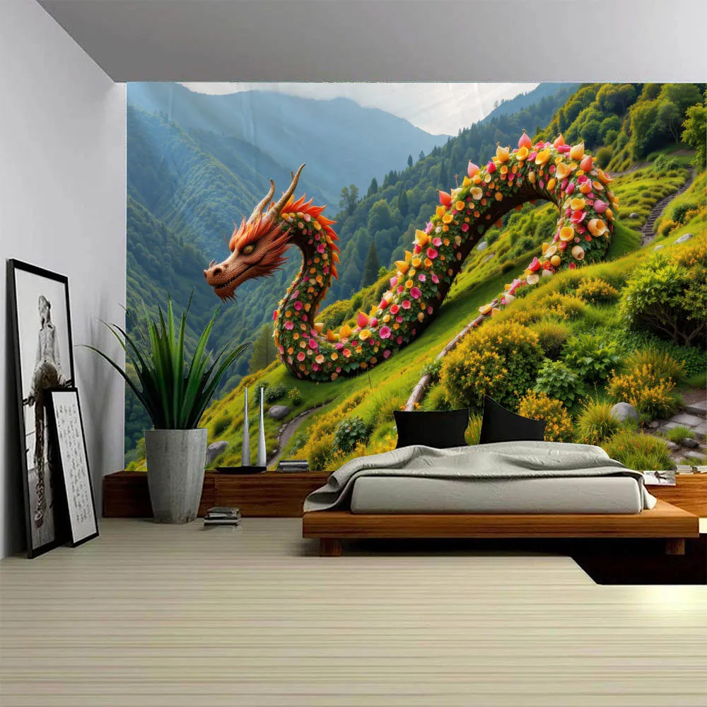 Forest Dragon Shaped Flower Tapestry Arch Wall Hanging - Peaceful Natural Grassland Sky Home Decor Artistic Unusual Design