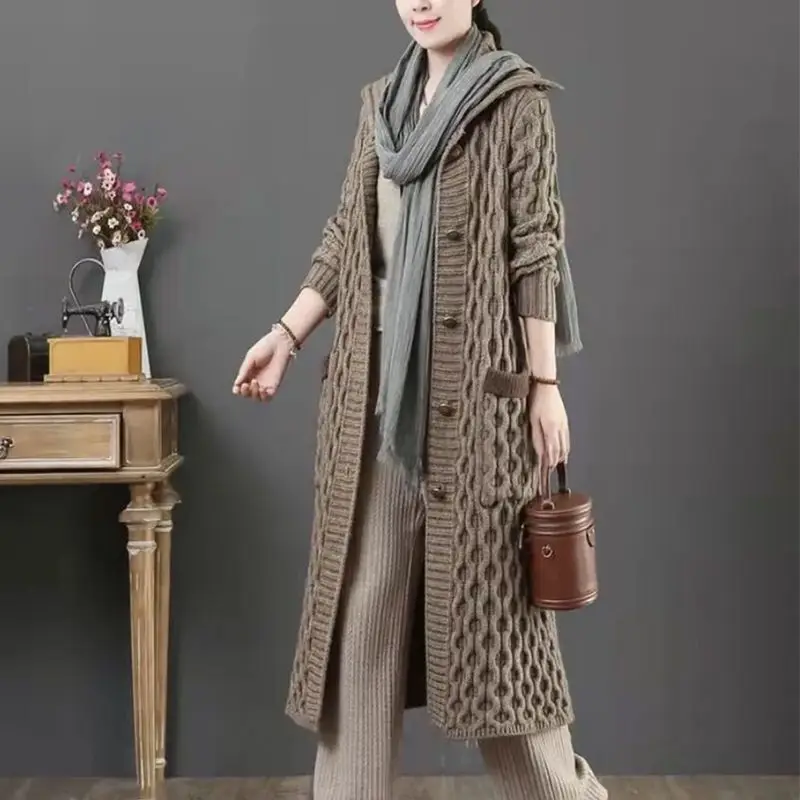 Spring Autumn 2024 New Jacquard Twists Cardigan Sweater Large Size Women Long Hooded Single Breasted Knitted Cardigan Coat M-5XL